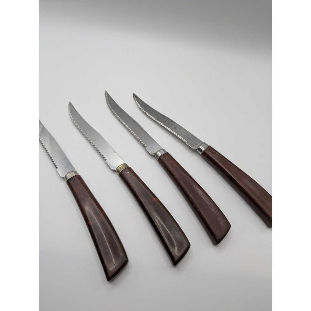 Vtg Tenite Bakelite Quikut Steak Knives Brown‎ Handle Neutral Grannycore Kitchen